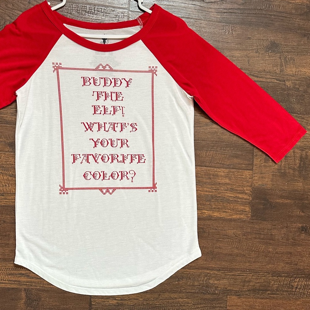 BUDDY the ELF WHAT’s YOUR FAVORITE COLOR Womens 3/4 Sleeve TShirt NWT MED RED